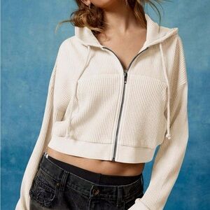 BDG Off-White Cropped Zip-Up Hoodie